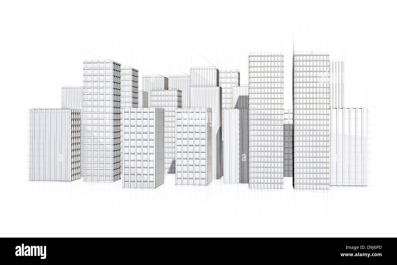 architektonische Skizze der Stadt mit großen Wolkenkratzern Stockfoto