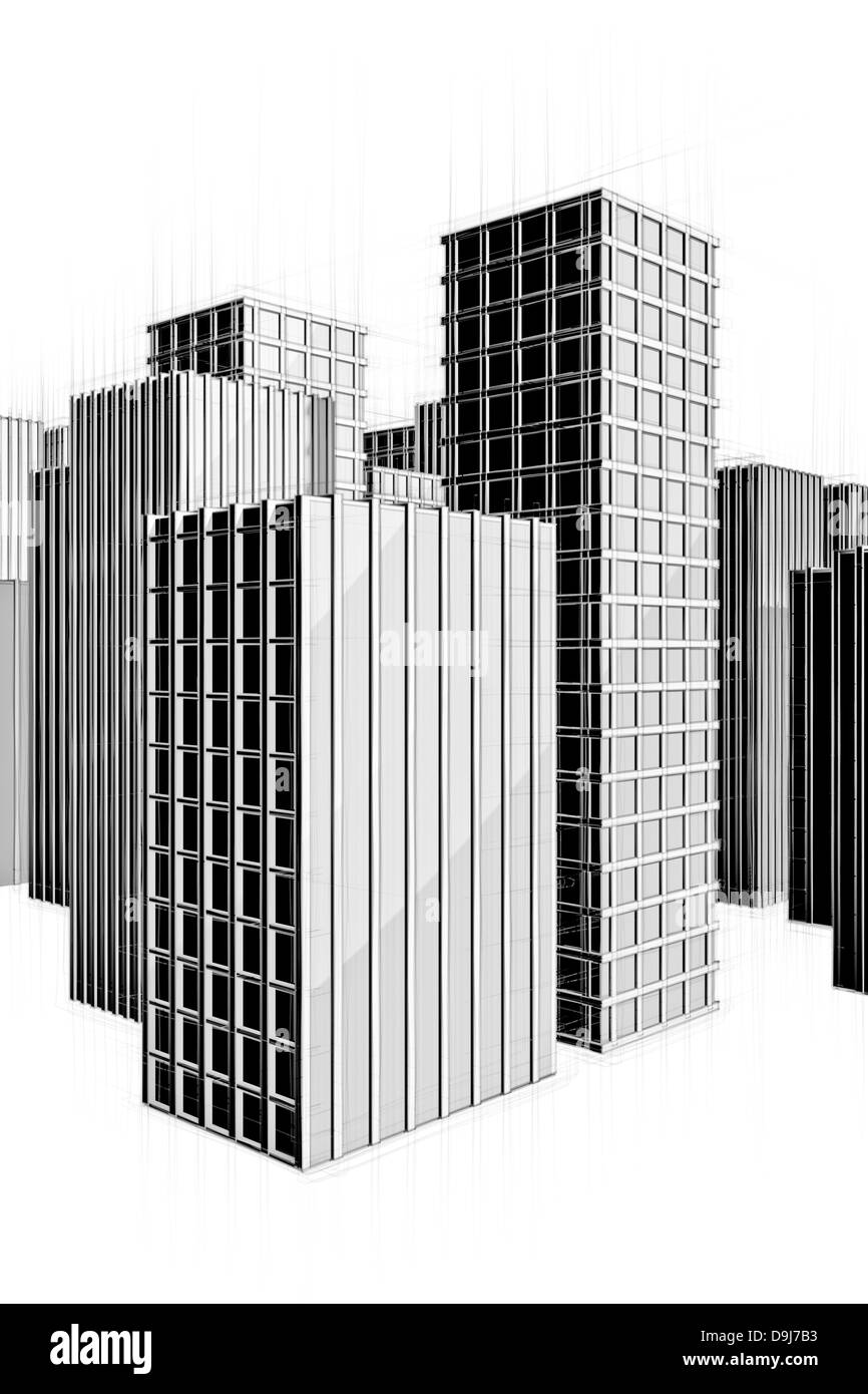 Schwarz / Weiß Zeichnung des modernen Stadtgebäude Stockfoto