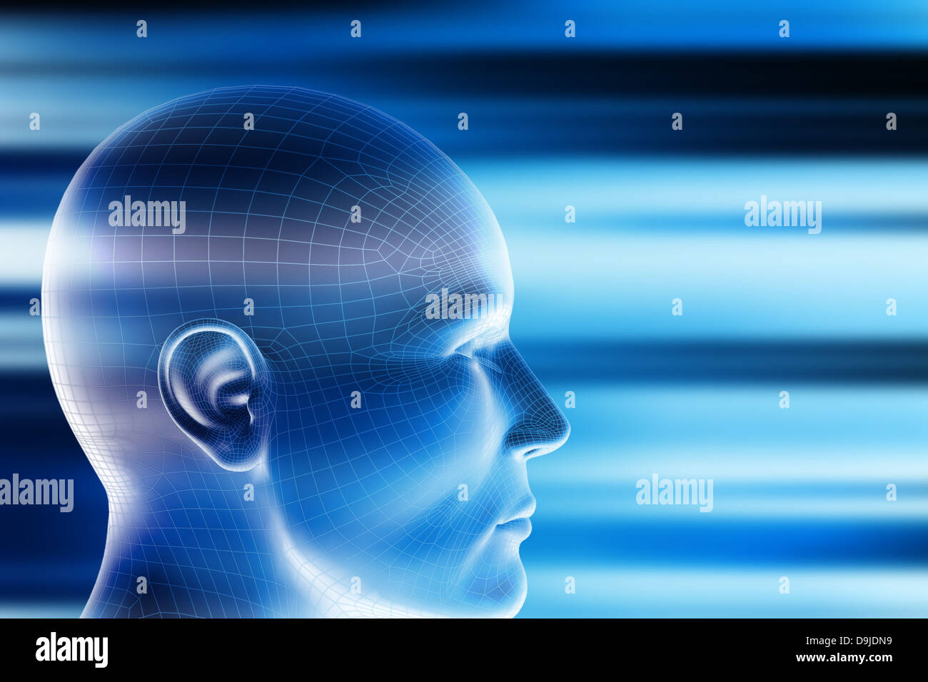 menschlicher Kopf im Wireframe-Modus auf blauem Grund Stockfoto