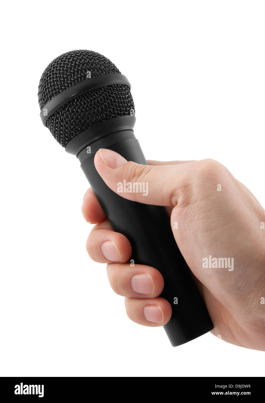 Mikrofon in der Hand mit Beschneidungspfad Stockfoto