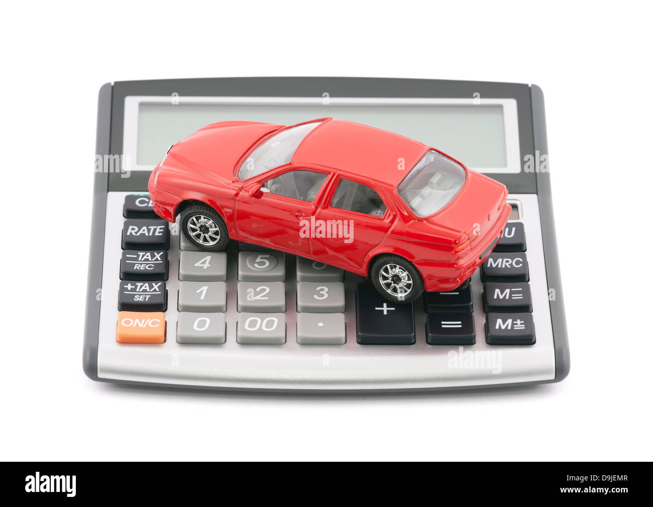 Rechner und roten Spielzeugauto mit Beschneidungspfad Stockfoto