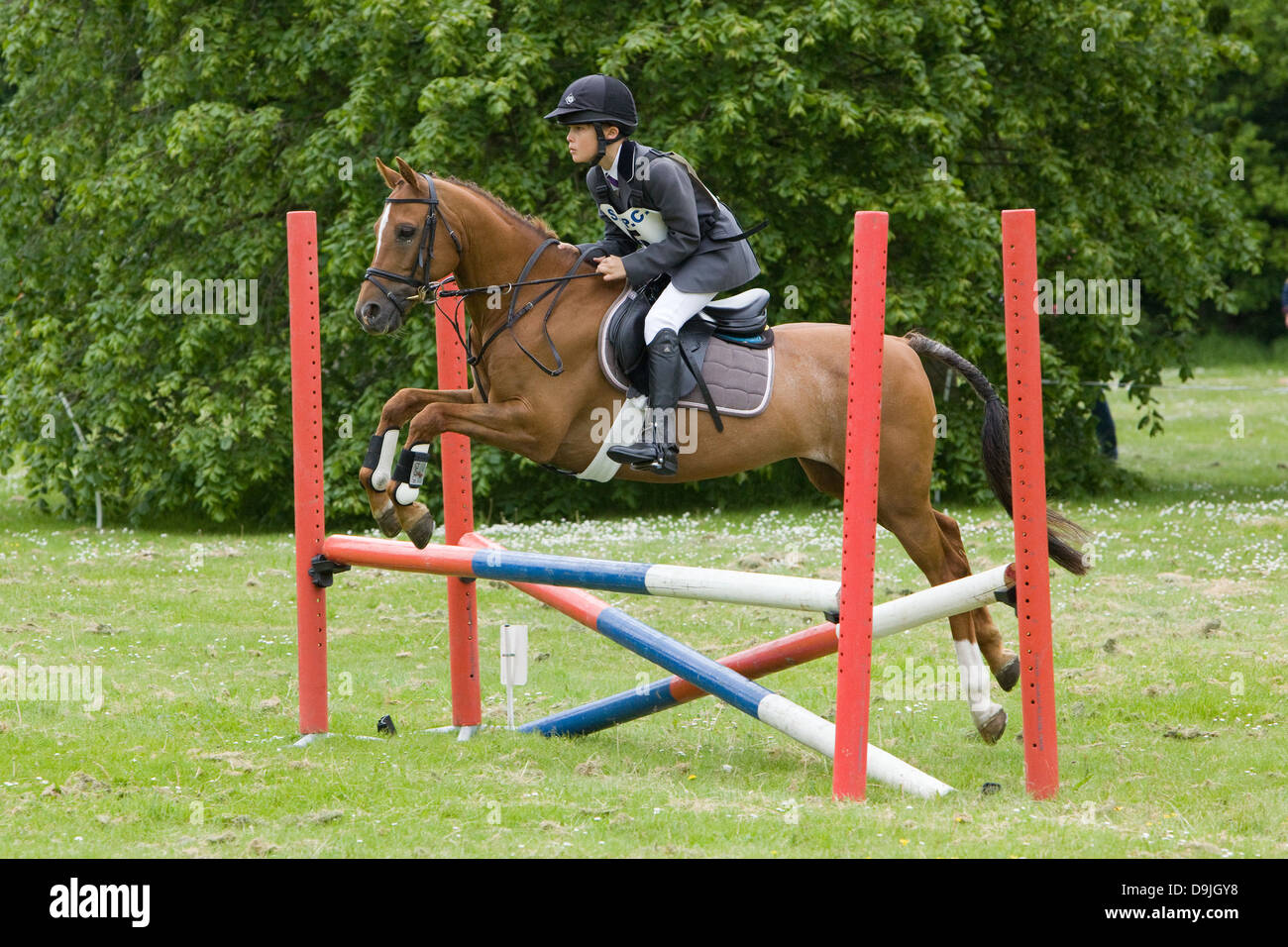 Ein Konkurrent, die Teilnahme an einer ein-Tages-Veranstaltung. Die Veranstaltung besteht aus Dressur-, Spring- und Cross Country. Stockfoto