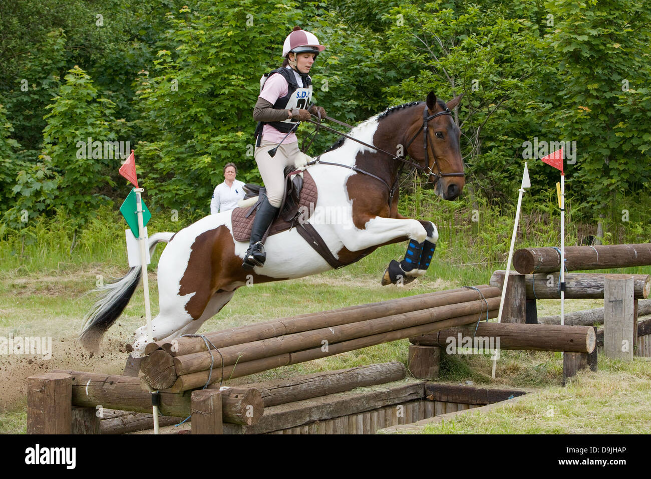 Ein Konkurrent, die Teilnahme an einer ein-Tages-Veranstaltung. Die Veranstaltung besteht aus Dressur-, Spring- und Cross Country. Stockfoto