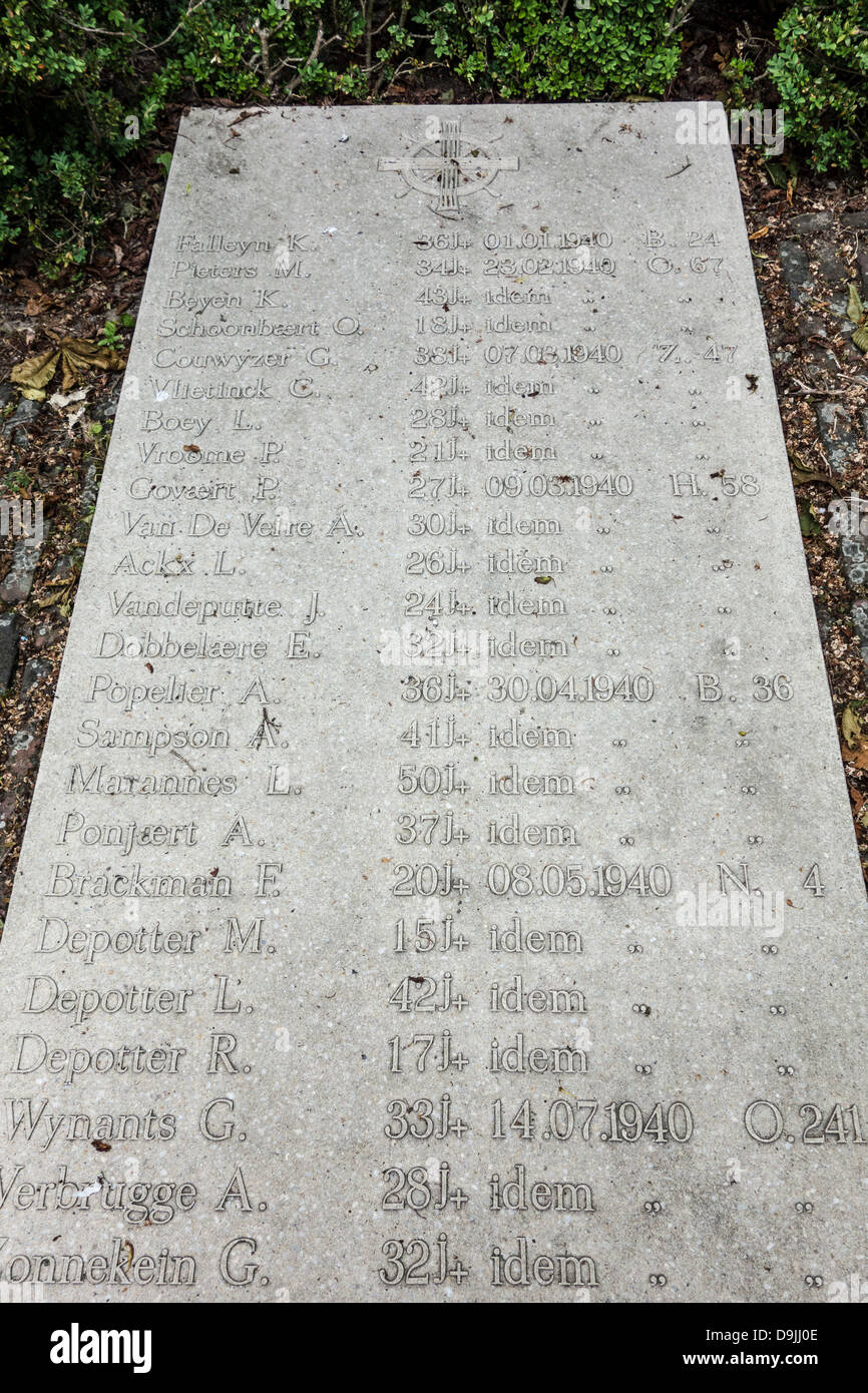 Denkmal / Festschrift Stein mit Namen von Island Fischer auf See umgekommen Oostduinkerke, Belgien Stockfoto