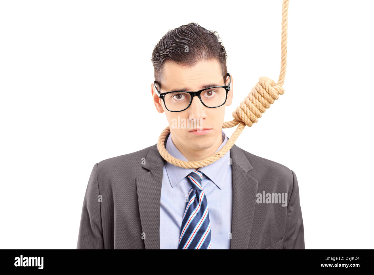 Deprimiert Geschäftsmann im Anzug Ausführung einen Selbstmord mit einem Seil Stockfoto