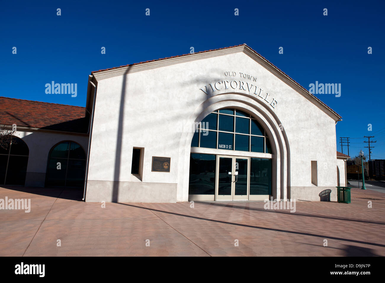 Außenansicht des Bahnhofs am alte Stadt Victorville, Kalifornien, Vereinigte Staaten Stockfoto