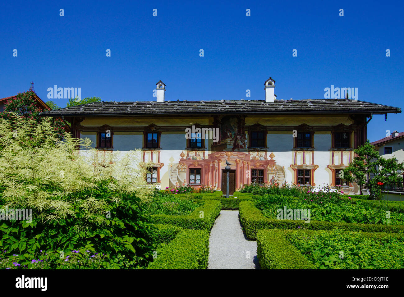 Lueftlmalerei, traditionell bemalten Gebäude Fassade, Pilatus Haus, Oberammergau, Upper Bavaria, Bayern, Deutschland, Europa Stockfoto