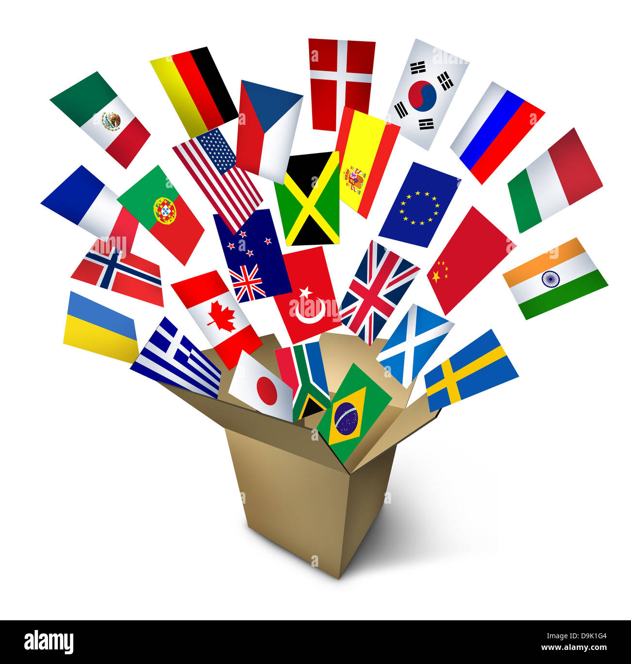 Weltweiten Versand und Fracht sowie weltweite Lieferung Verkehr mit einer offenen Karton Cargo-Box und Fahnen aus der ganzen Welt fliegen heraus auf einem weißen Hintergrund. Stockfoto