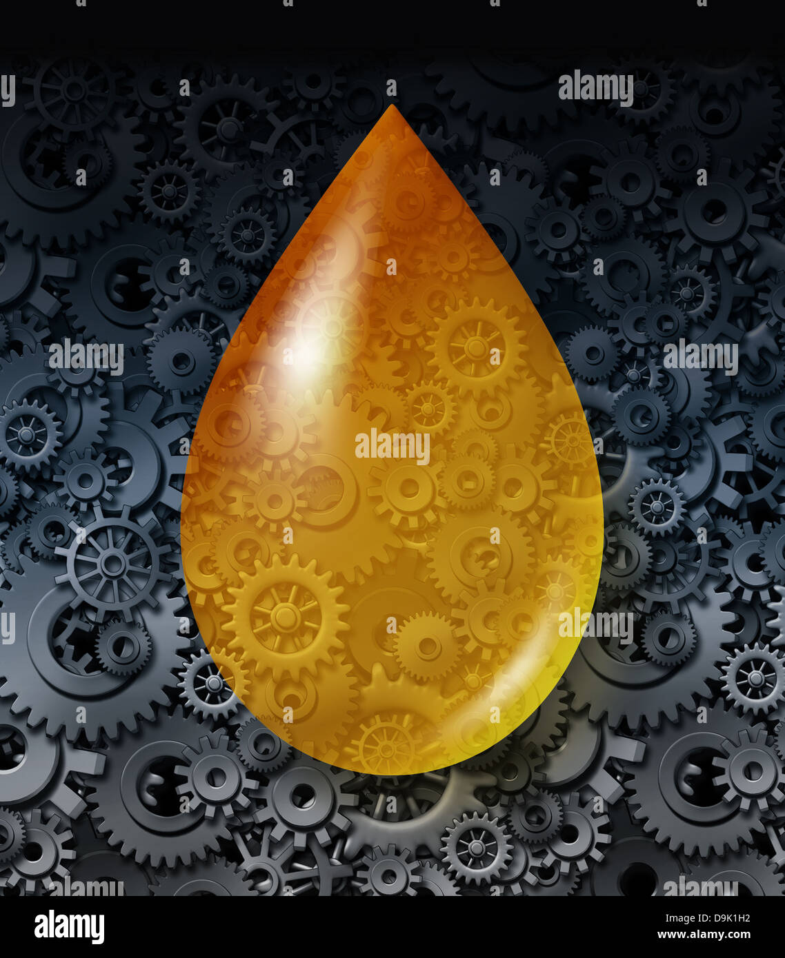Maschinenöl auf einem Hintergrund mit einer Gruppe von verbundenen Metallgetriebe und Zahnräder als Industrie Konzept der Brennstoff- und Energie für den Betrieb von Industriemaschinen in der Geschäftswelt. Stockfoto