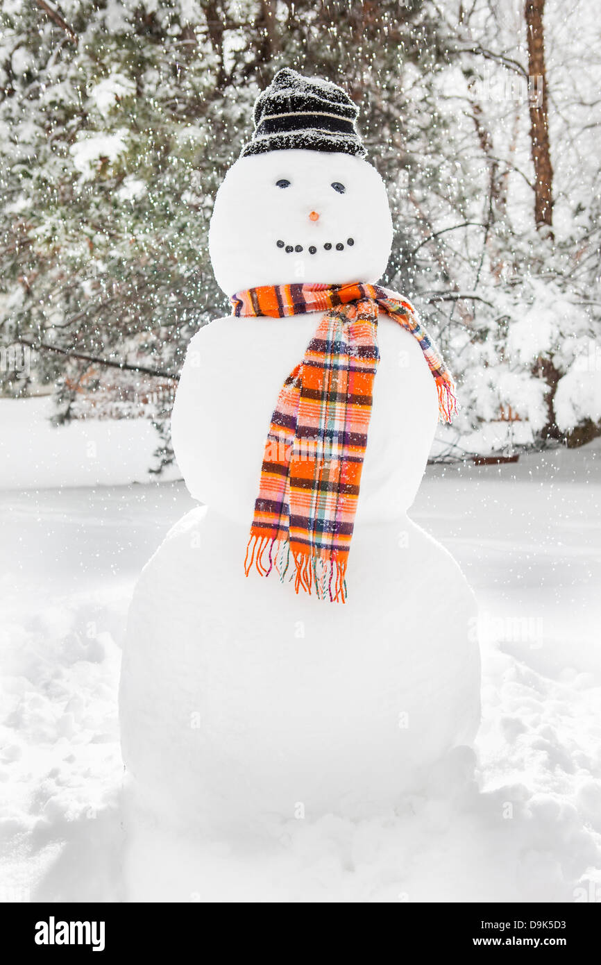 Frohe weiße Schneemann mit einem orangen Schal und Hut Stockfoto