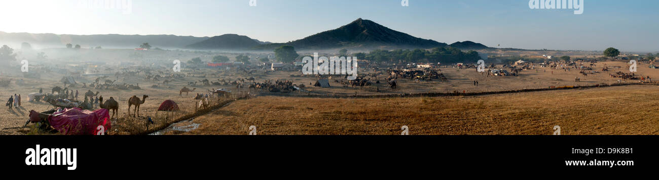 Kamel Messegelände vor einem Berg, Pushkar, Ajmer, Rajasthan, Indien Stockfoto