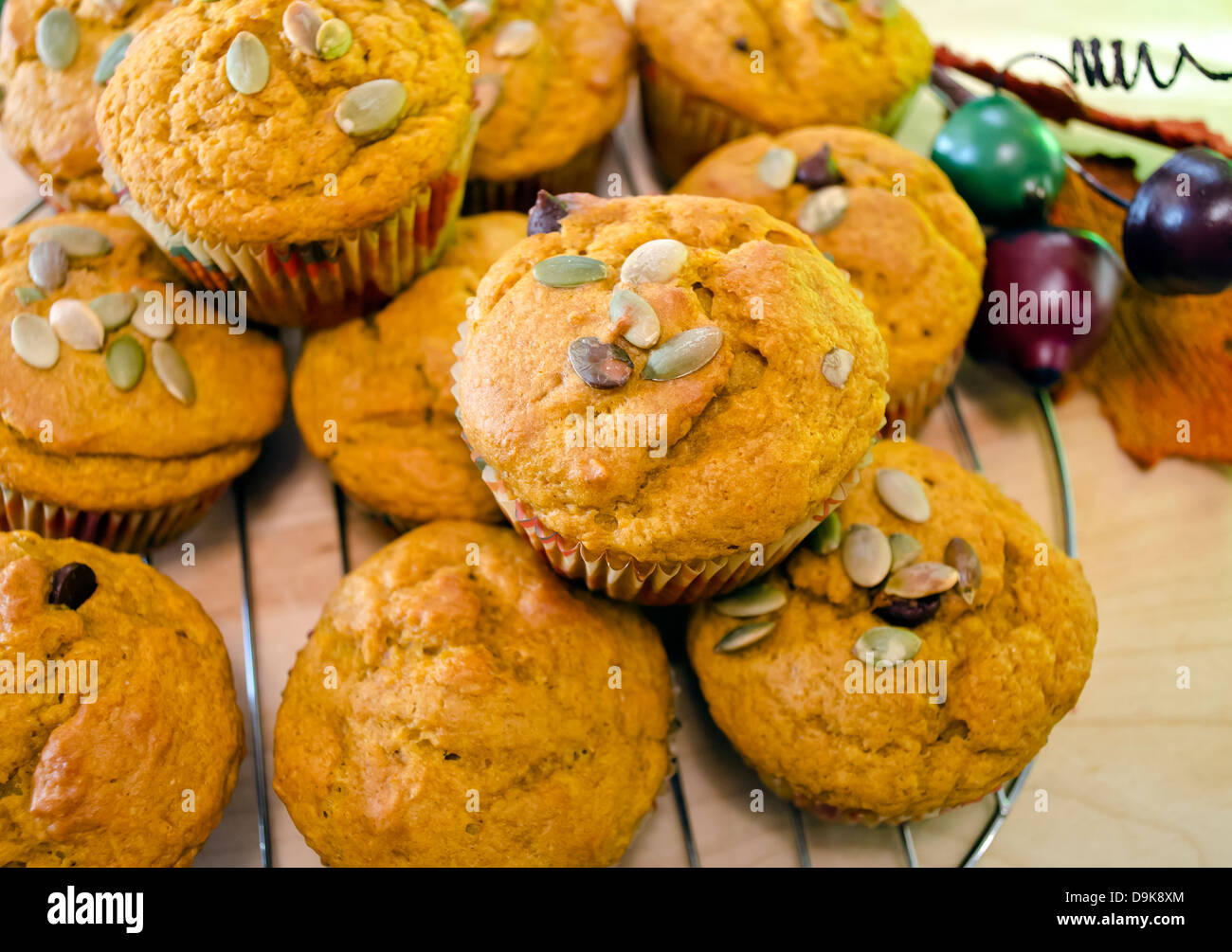 Stapel von leckeren frisch gebackenen Kürbis chocolate Chip Muffins.  Für Herbst oder Thanksgiving dekoriert. Stockfoto