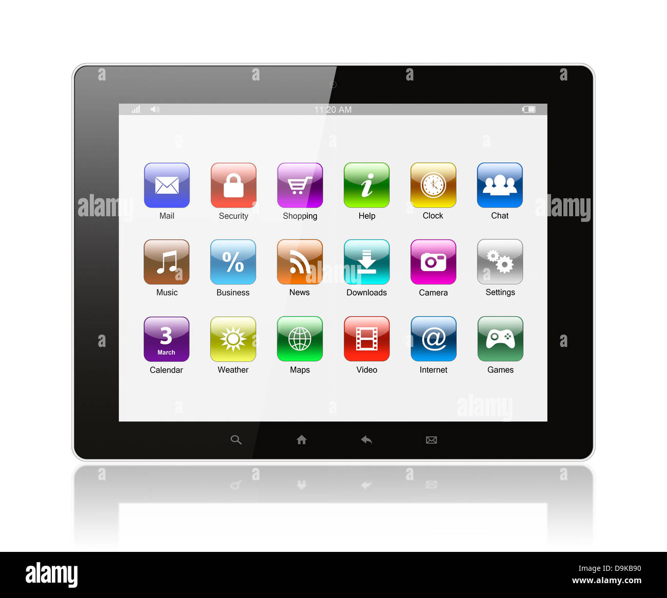 Tablet-PC mit Symbolen auf weißem Hintergrund Stockfoto