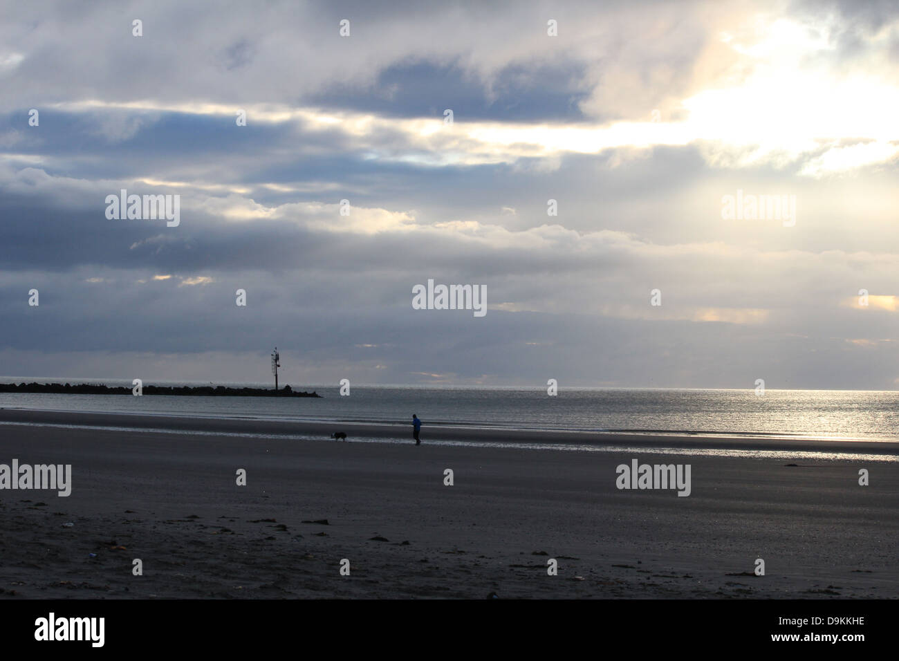 Ein Mensch und ein Hund am Strand in Bettystown, Irland. Stockfoto