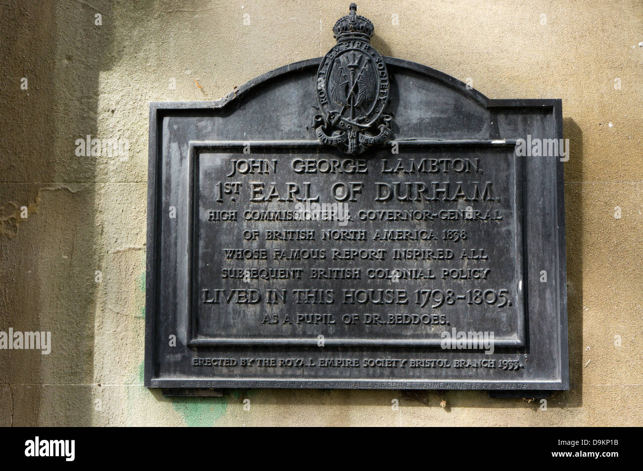 Eine Gedenktafel in Rodney Place, Bristol, Mark ein Haus von der Earl of Durham, John George Lambton bewohnt. Stockfoto