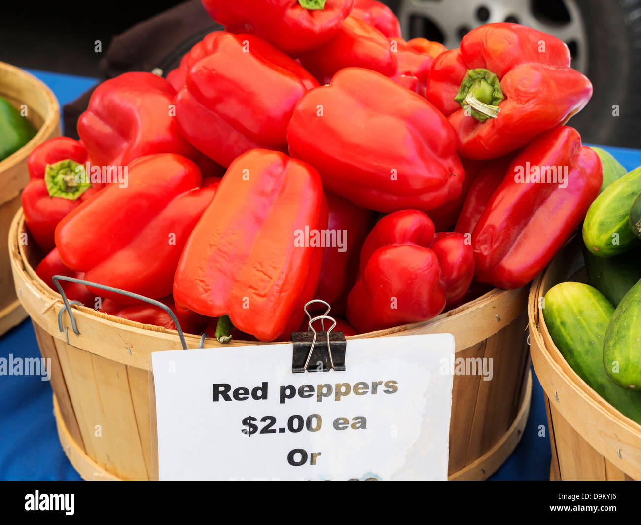 Frisch gepflückt rote Paprika zum Verkauf auf einem Bauernmarkt in Bluffton, South Carolina Stockfoto