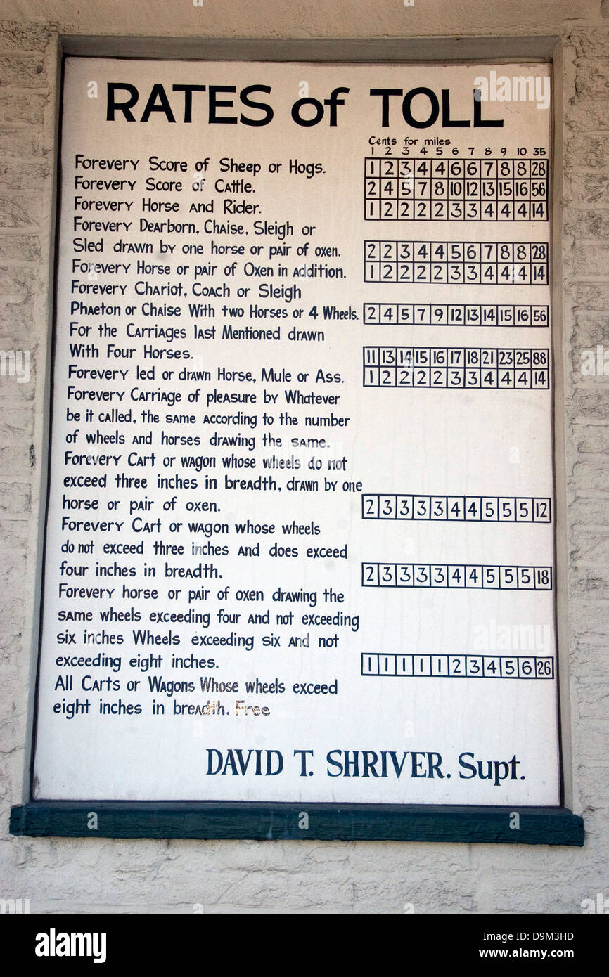 Preise der Maut melden mit Gebührenordnung auf den alten Hecht, mit David T. Shriver unten, Maryland, Vereinigte Staaten von Amerika Stockfoto