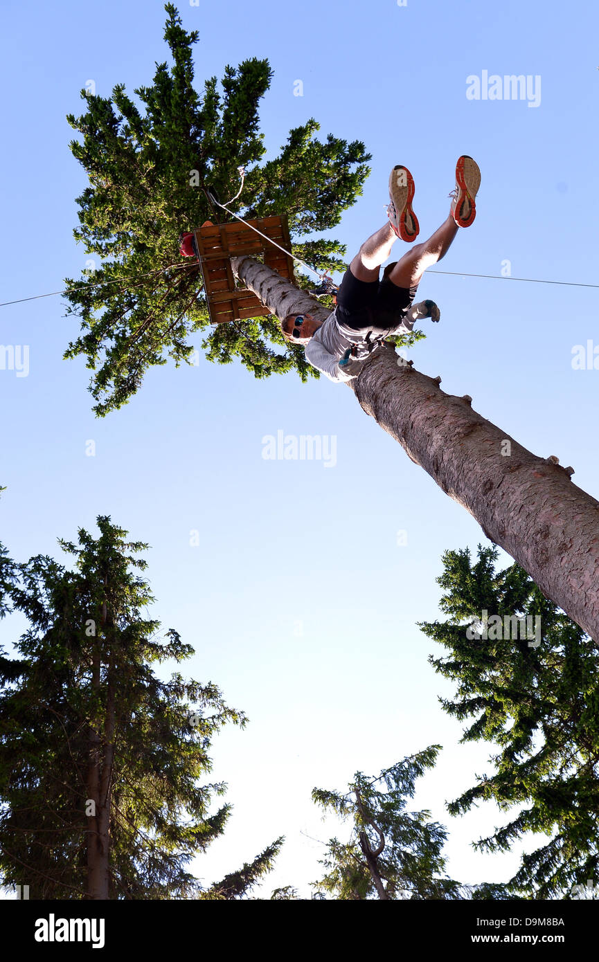 Fleckl, Deutschland. 21. Juni 2013. Ronny Ackermann, kombiniert Nordic Sportler des Deutschen Skiverbandes (Deutscher Skiverband, DSV) Seile nach unten aus einem Tre-Plateau in der Zip-Line Park in den Bergen Fichtelgebirge Fleckl, Deutschland, 21. Juni 2013. Die Athleten haben einen Ausflug in den Abenteuerpark während ihr Trainingslager gemacht. Foto: DAVID EBENER/Dpa/Alamy Live News Stockfoto