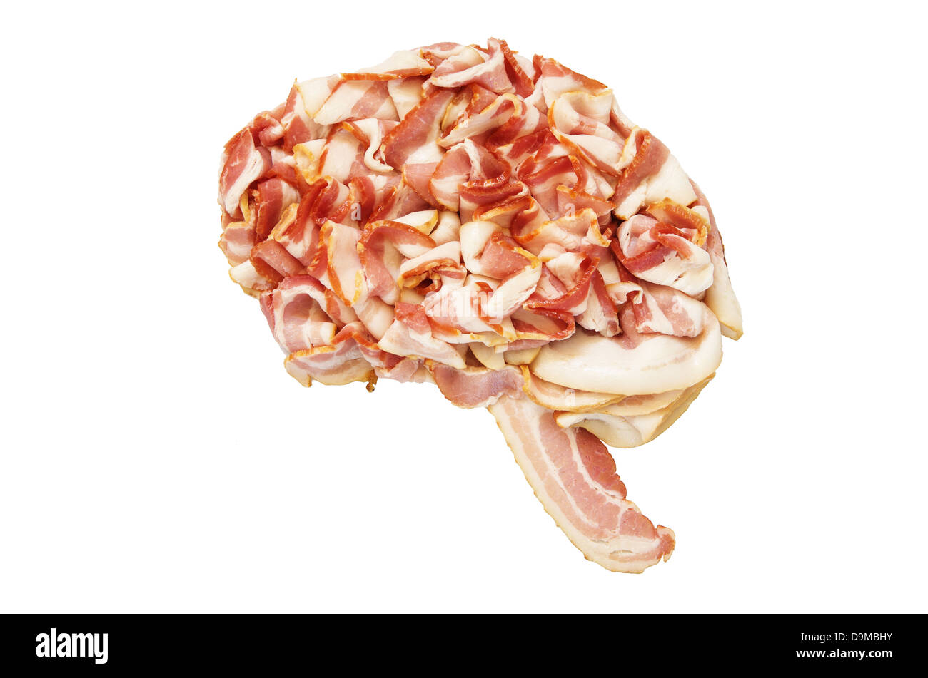 Gehirn gemacht von rohem Speck isoliert auf weißem Hintergrund Stockfoto