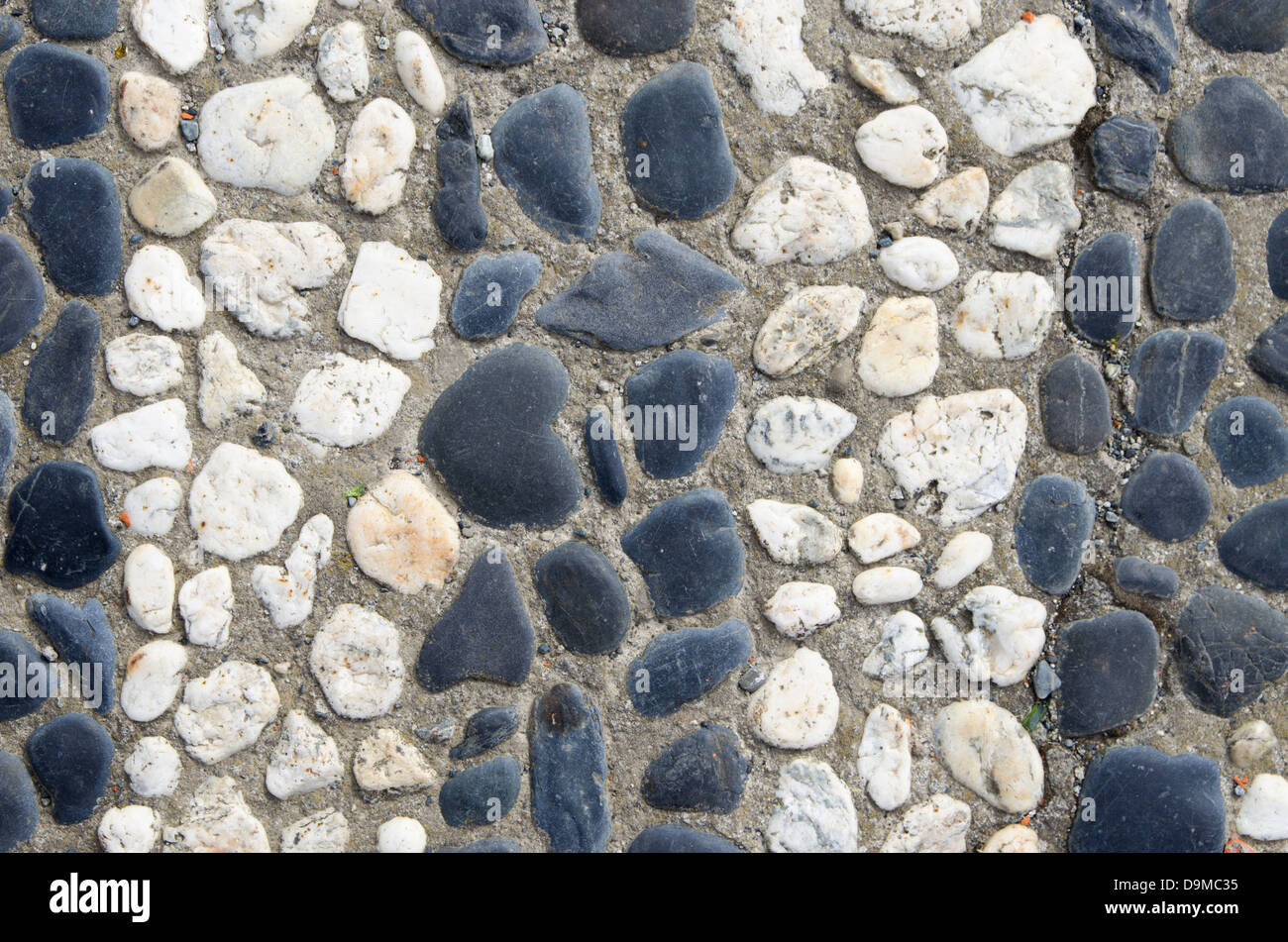 schwarzen und weißen Streifen glatten Kieseln, die inmitten eines konkreten Hintergrund Stockfoto