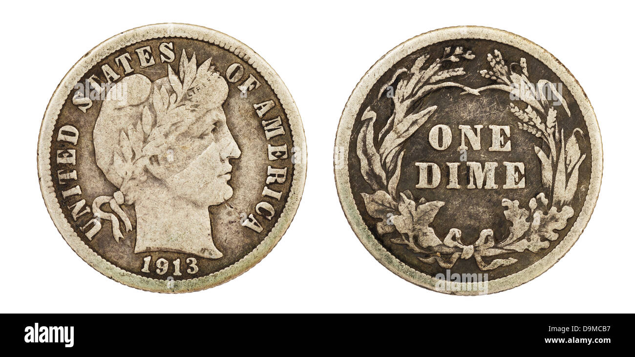 1913 Liberty Barber Dime zehn Cent US Münze beidseitig isoliert auf weiss Stockfoto