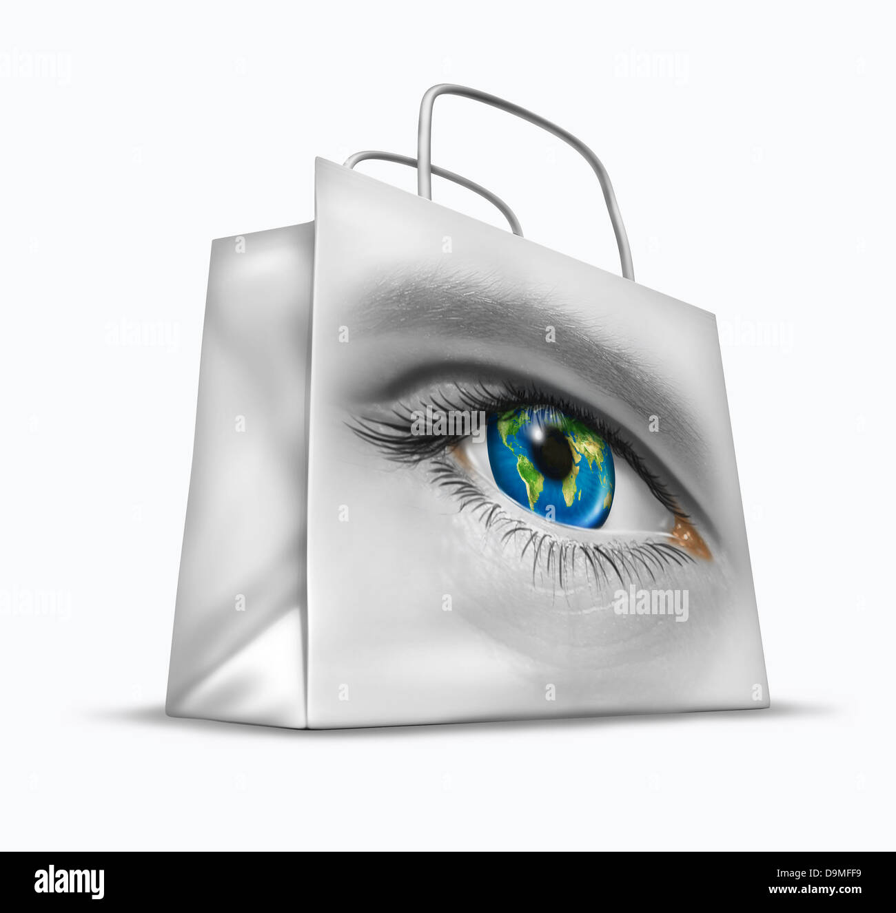 Globale Käufer im Welthandel und internationale Handel als Geschäft Symbol auf der Suche nach den besten Exporte und Importe für den Einzelhandel als finanzielle Einkaufstasche mit einem menschlichen Erde Kugel Auge. Stockfoto
