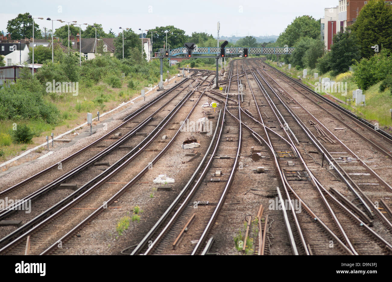 Hauptleitung Gleis in Richtung Süd-west von Wimbledon Station in London, UK Stockfoto