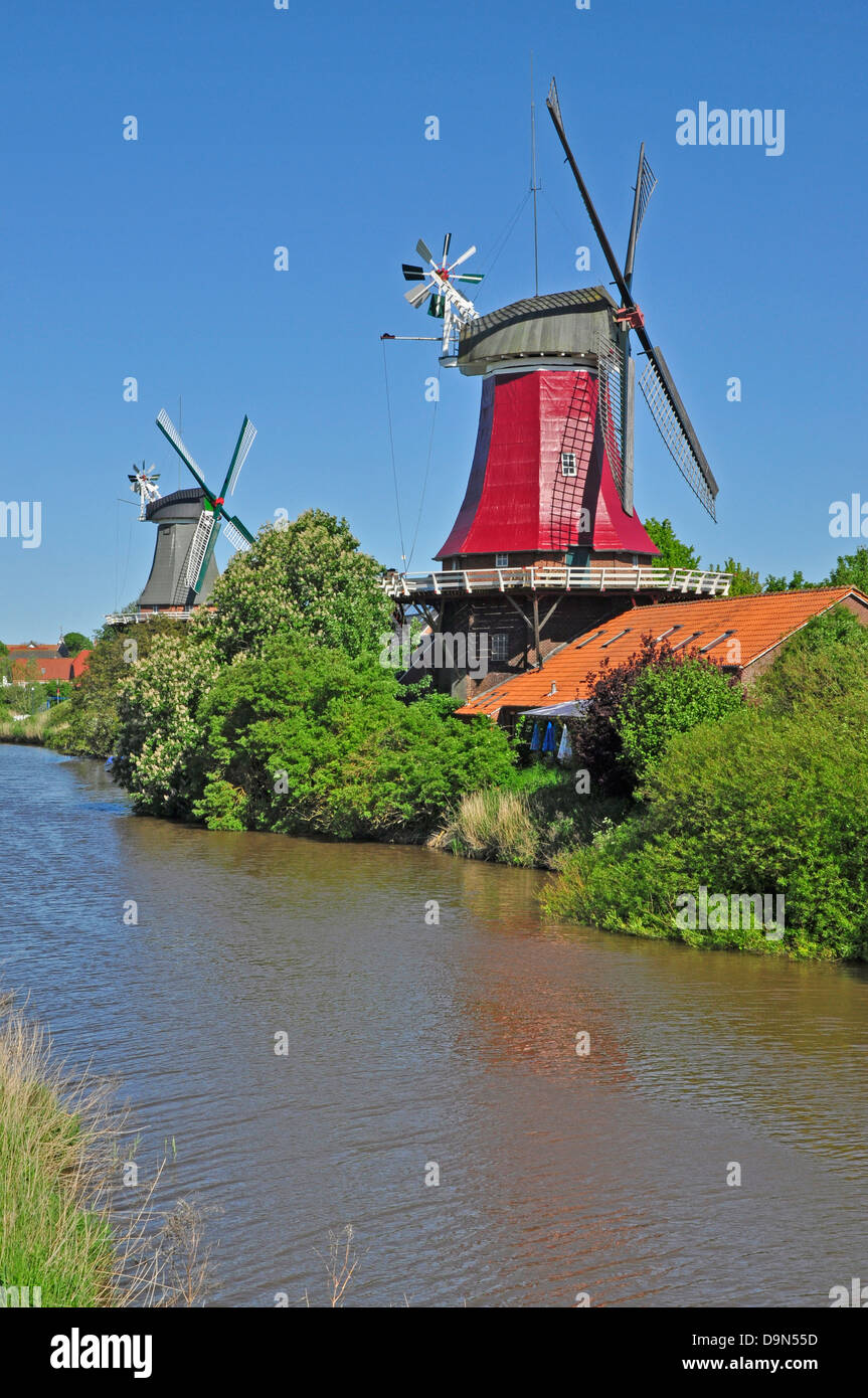 Deutschland, Niedersachsen, Ostfriesland, Greetsiel, Twin Mühlen, Mühlen, Mühle, Twin Mühle, Windmühle, Wahrzeichen, Twin Mühlen Stockfoto