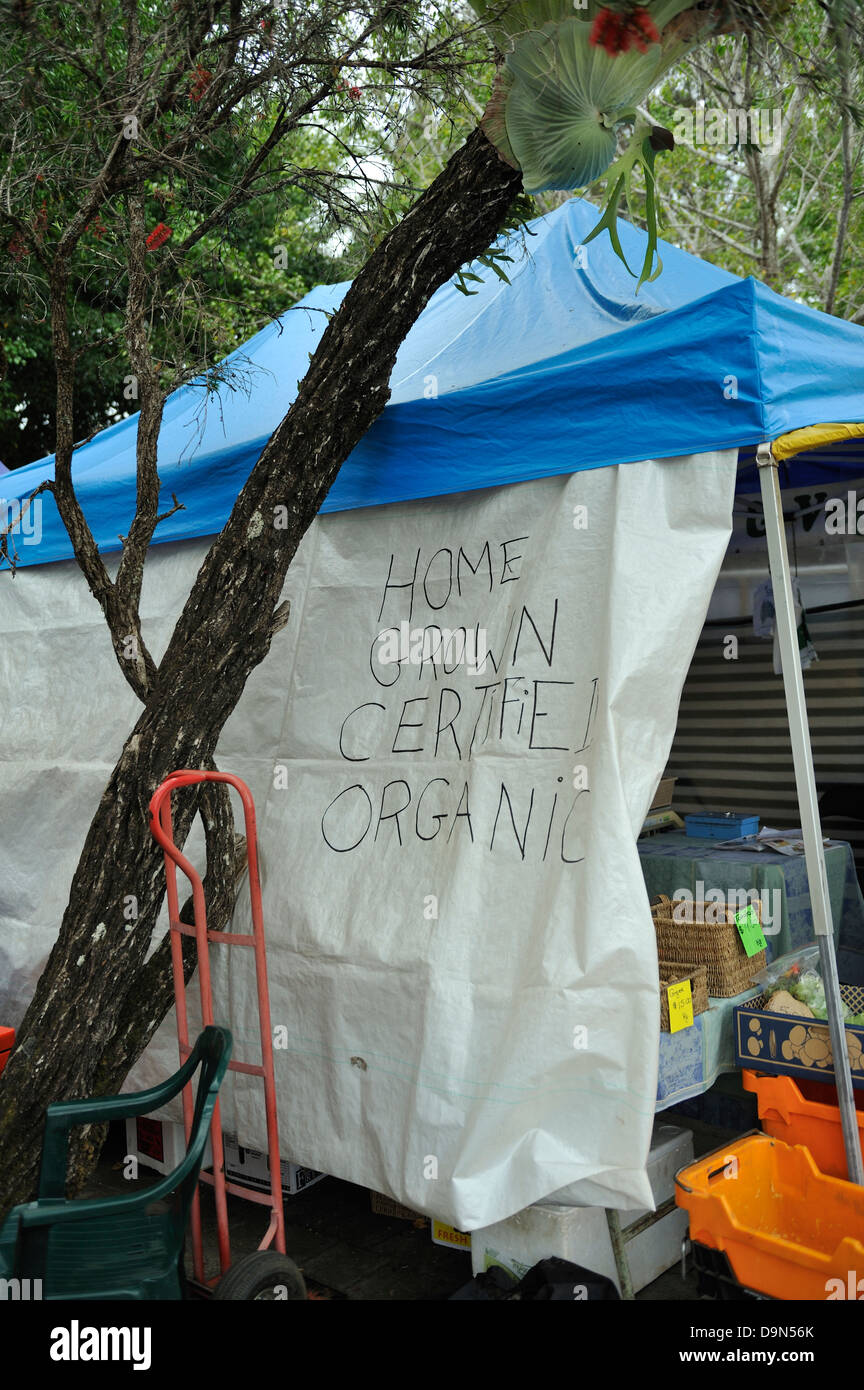 "Home gewachsen Certified Organic" handschriftliche Zeichen auf Seite des Vordach an Obst- und Gemüsemarkt. Stockfoto