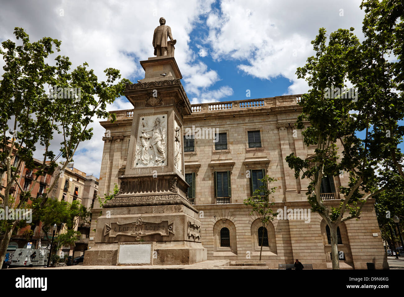 Palau De La Llotja Palast ehemalige Börse und Antonio Lopez y Lopez Denkmal Barcelona Katalonien Spanien Stockfoto