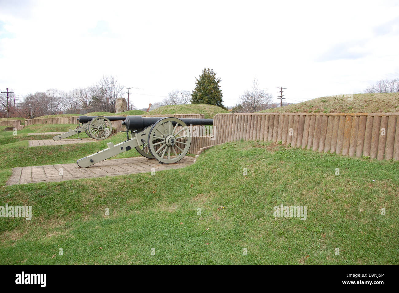 Fort Stevens ist Teil der US-amerikanischen Verteidigung im Bürgerkrieg, die zum Schutz der US-Hauptstadt während des Bürgerkriegs errichtet wurde. Fort Stevens in Washington, D.C., war 1864 Schauplatz einer bedeutenden Schlacht und dient heute als historischer Park und Ort der öffentlichen Bildung. Stockfoto