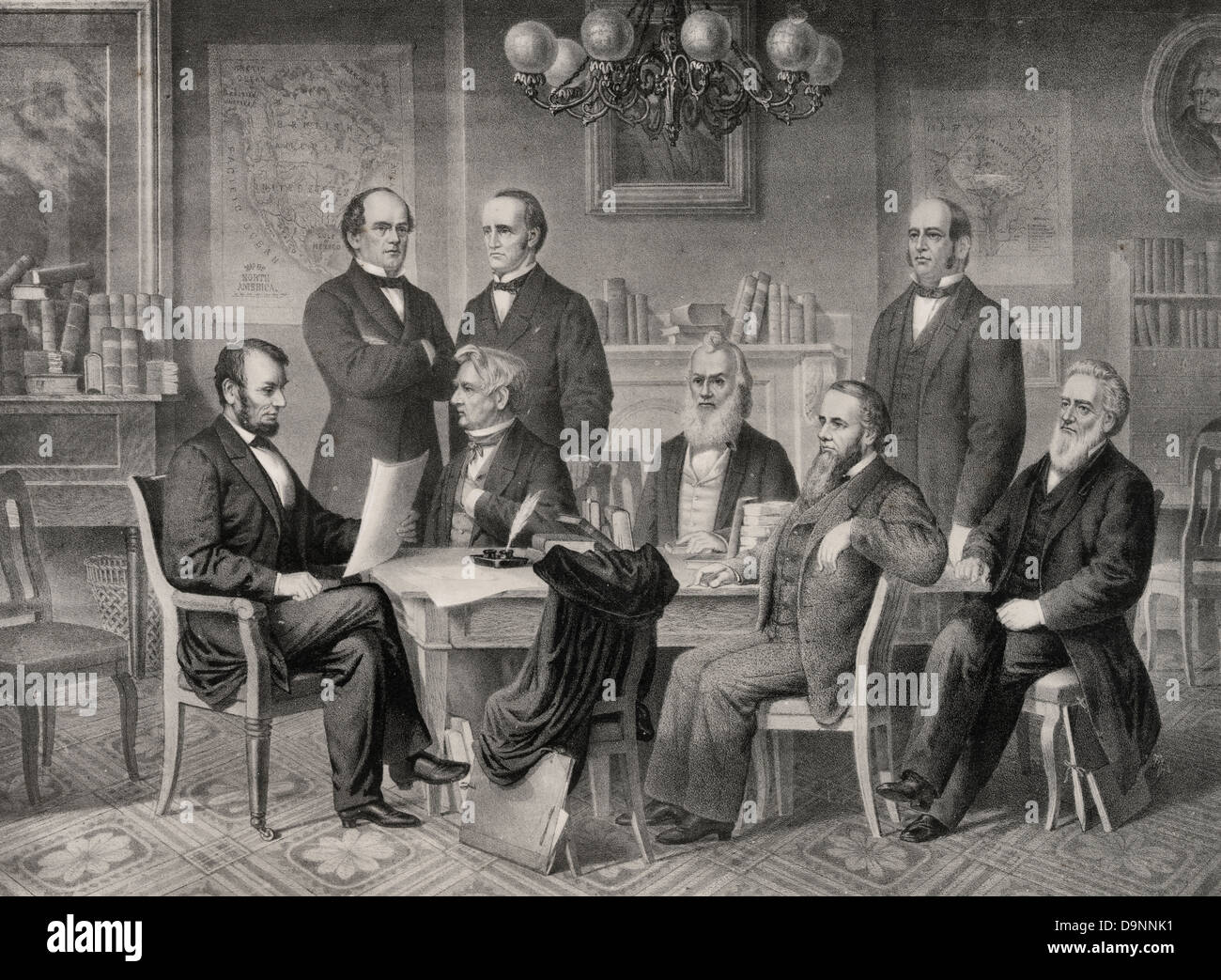 Präsident Lincoln und sein Kabinett. Lesung der Emanzipations-Proklamation, ca. 1863 Stockfoto Präsident Lincoln und sein Kabinett. Lesung der Emanzipations-Proklamation, ca. 1863 Stockfoto