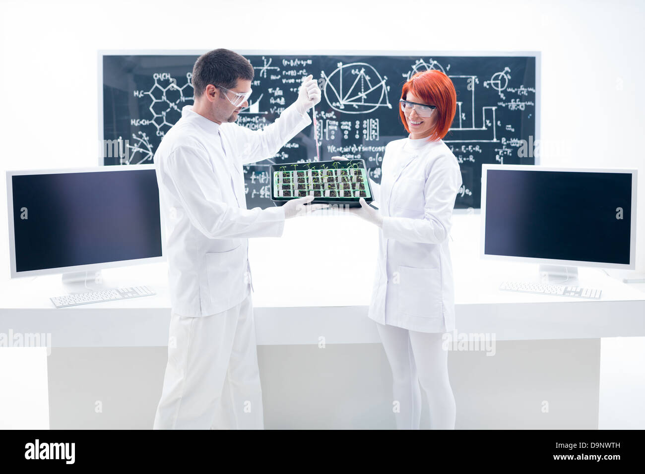 Gesamtansicht einer Frau mit Sämling in Händen und ein Mann manipulieren Lab-Tools in einem Chemielabor mit einer Tafel auf der Stockfoto