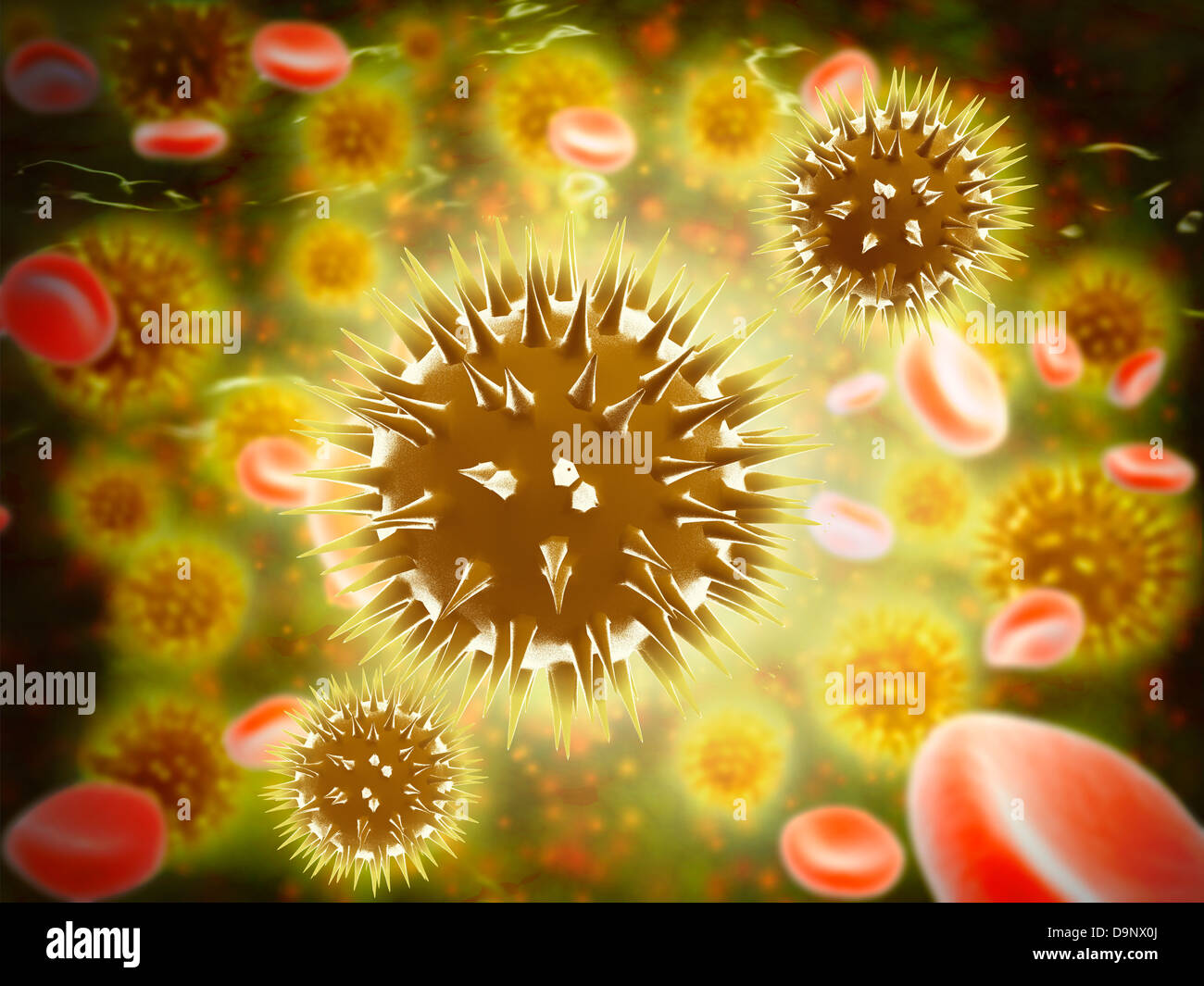 Krebszelle mit roten Blutkörperchen fließen. Stockfoto