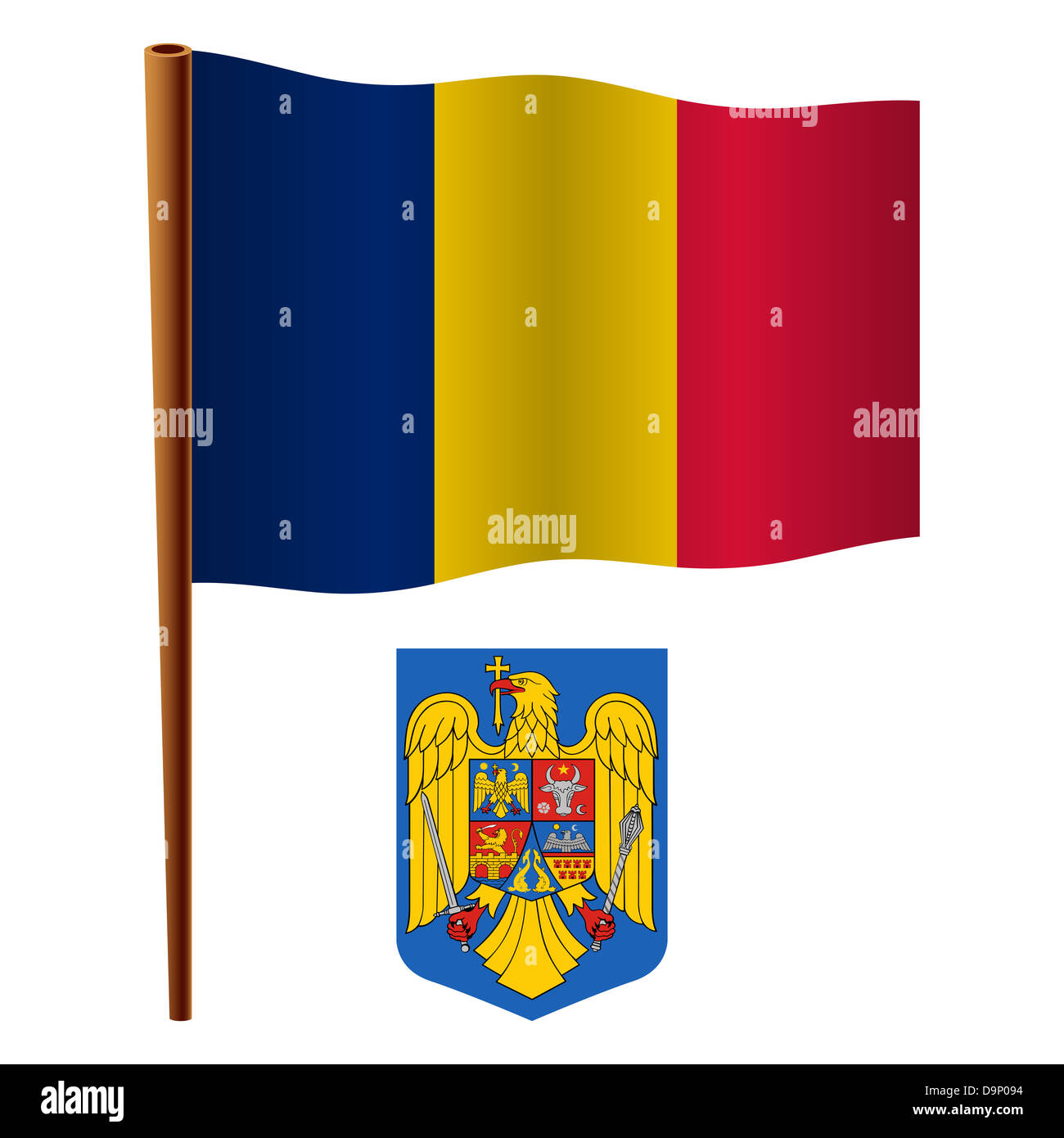 Rumänien gewellte Fahne und Wappen Arm vor weißem Hintergrund, Vektor-Illustration Kunst, enthält Bild Transparenz Stockfoto