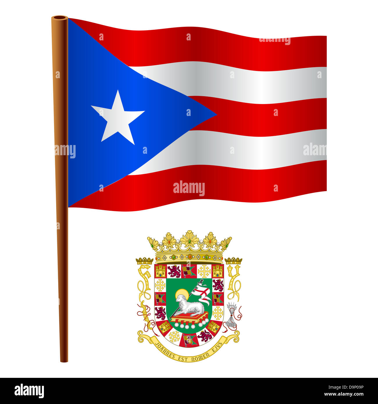 Puerto Rico gewellte Fahne und Wappen Arm vor weißem Hintergrund, Vektor-Illustration Kunst, enthält Bild Transparenz Stockfoto
