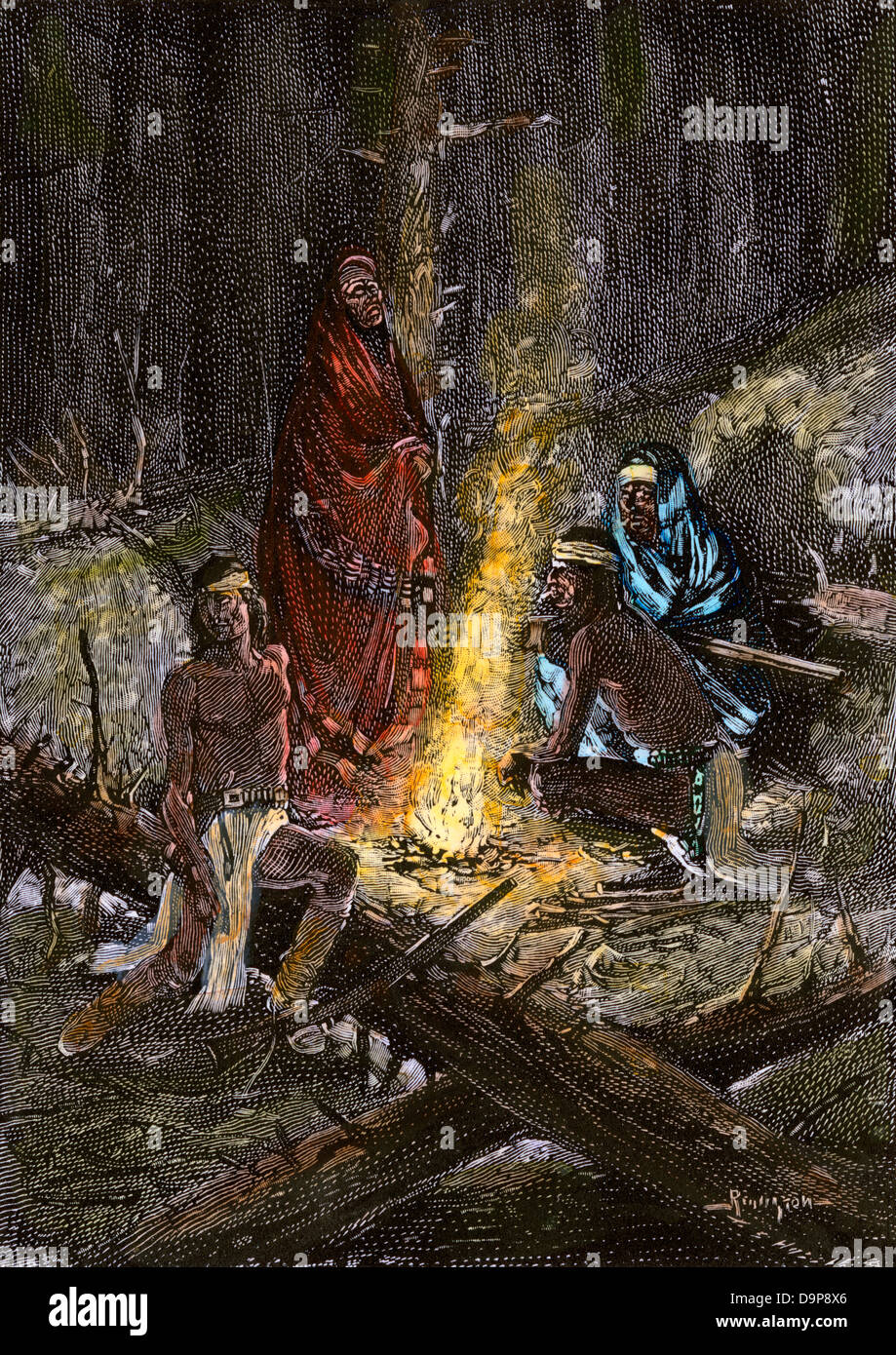 Apache Kriegern Beleuchtung ein Signal Feuer. Hand - farbige Holzschnitt von Frederic Remington Abbildung Stockfoto