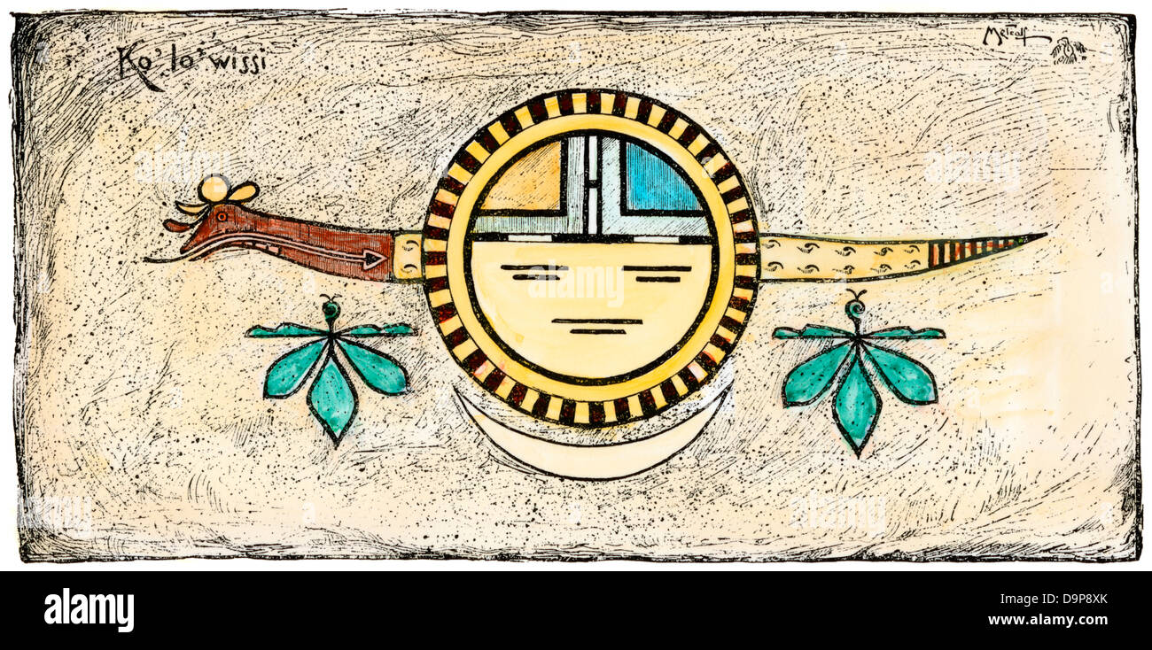 Pueblo Indian plumed serpent Ko-lo-wissi, ein Geist oder Gottheit, New Mexiko. Hand - farbige Holzschnitt Stockfoto