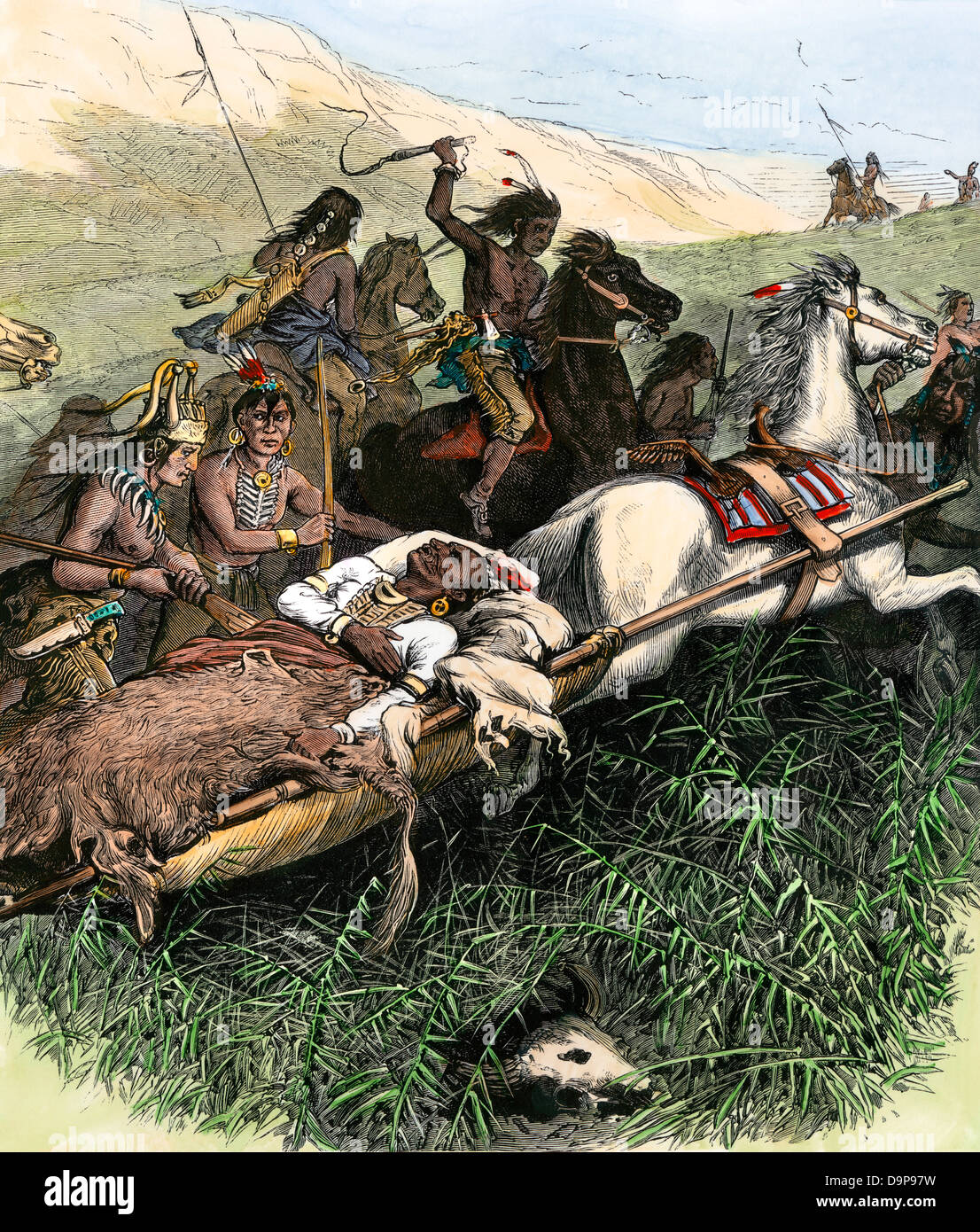 Comanchen Flucht mit ihrem Chef vom Kampf mit US-Armee unter General John Davidson im Texas Panhandle, 1874. Hand - farbige Holzschnitt Stockfoto