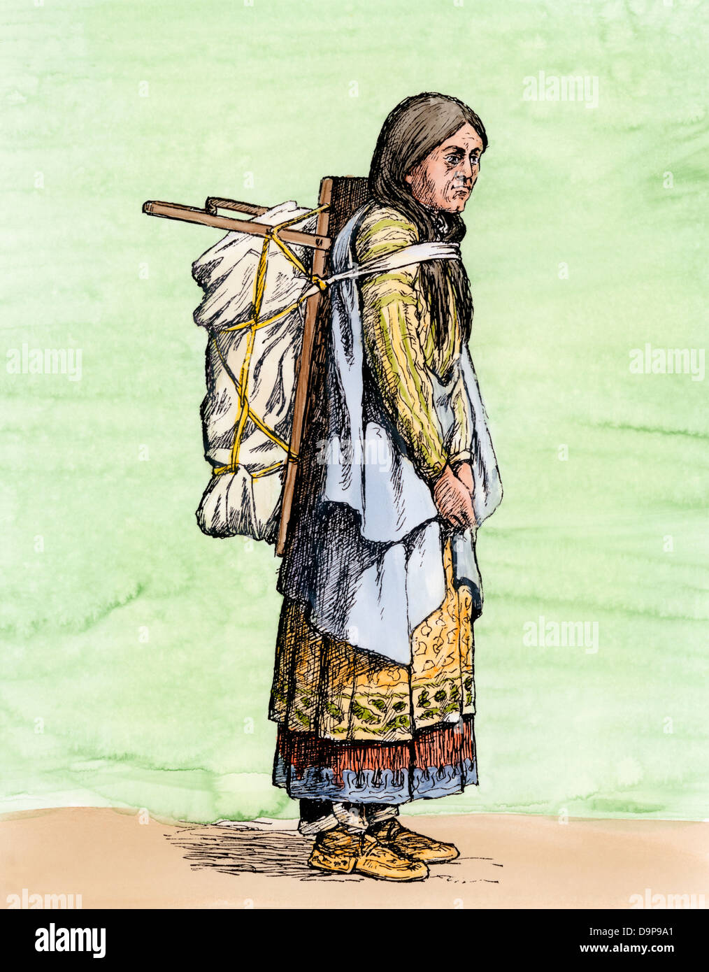 Iroquois Frau Verpackung waren auf ihren Rücken, 1890. Hand - farbige Holzschnitt Stockfoto