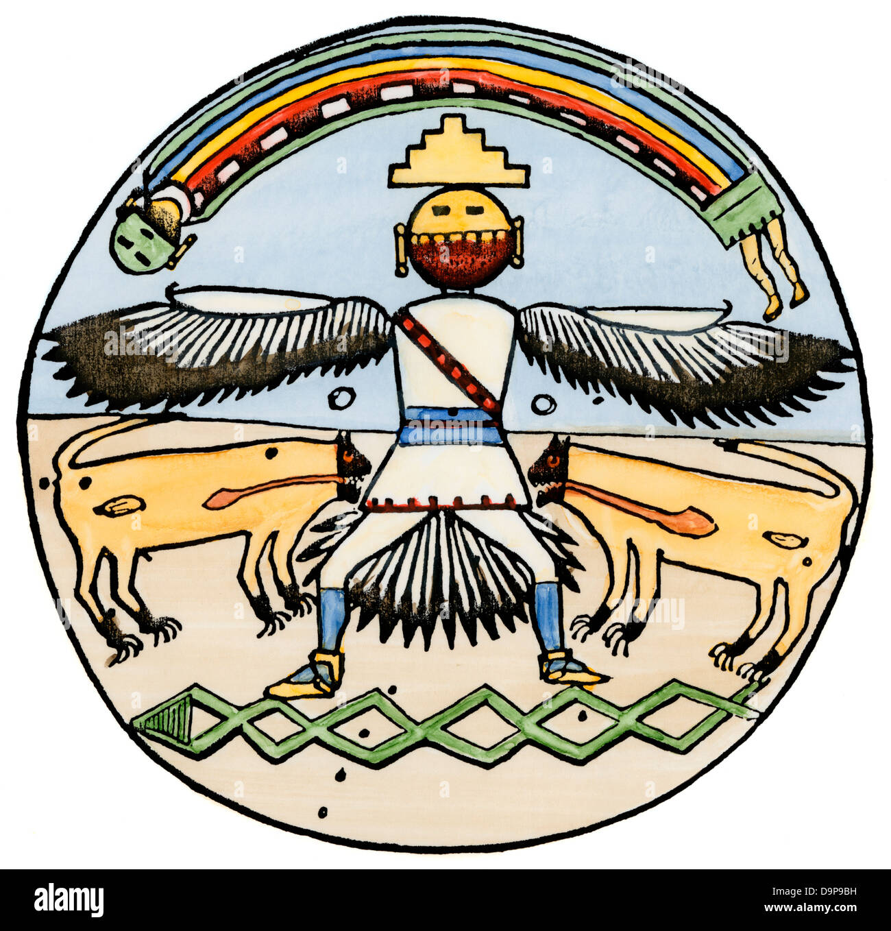 Fliegender Adler Mann, Krieg Gott der Zuni Pueblo, New Mexico. Hand - farbige Holzschnitt Stockfoto