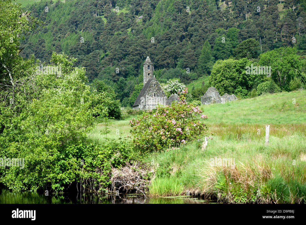 Alte Kirche St. Kevins in Glendalough, Wicklow Mountains, Irland Stockfoto
