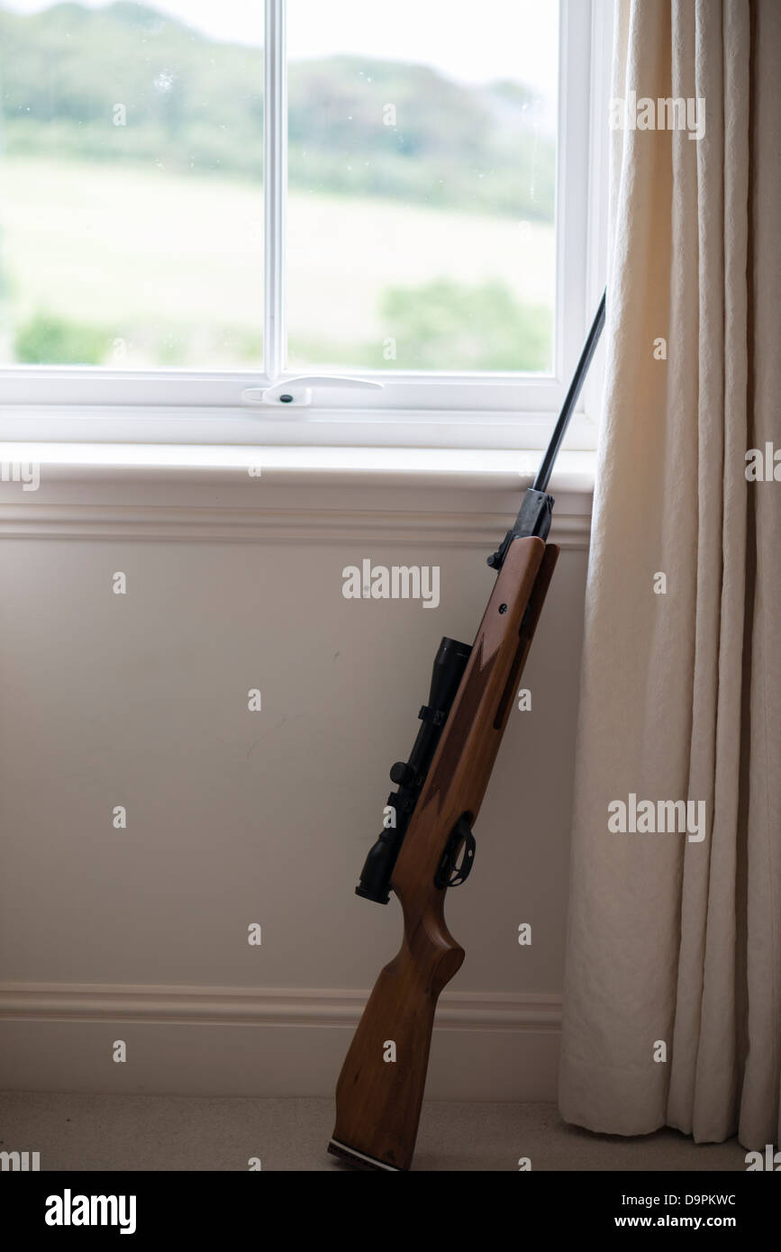 Ein Luftgewehr aufgestützt gegen ein Fenster cill Stockfoto