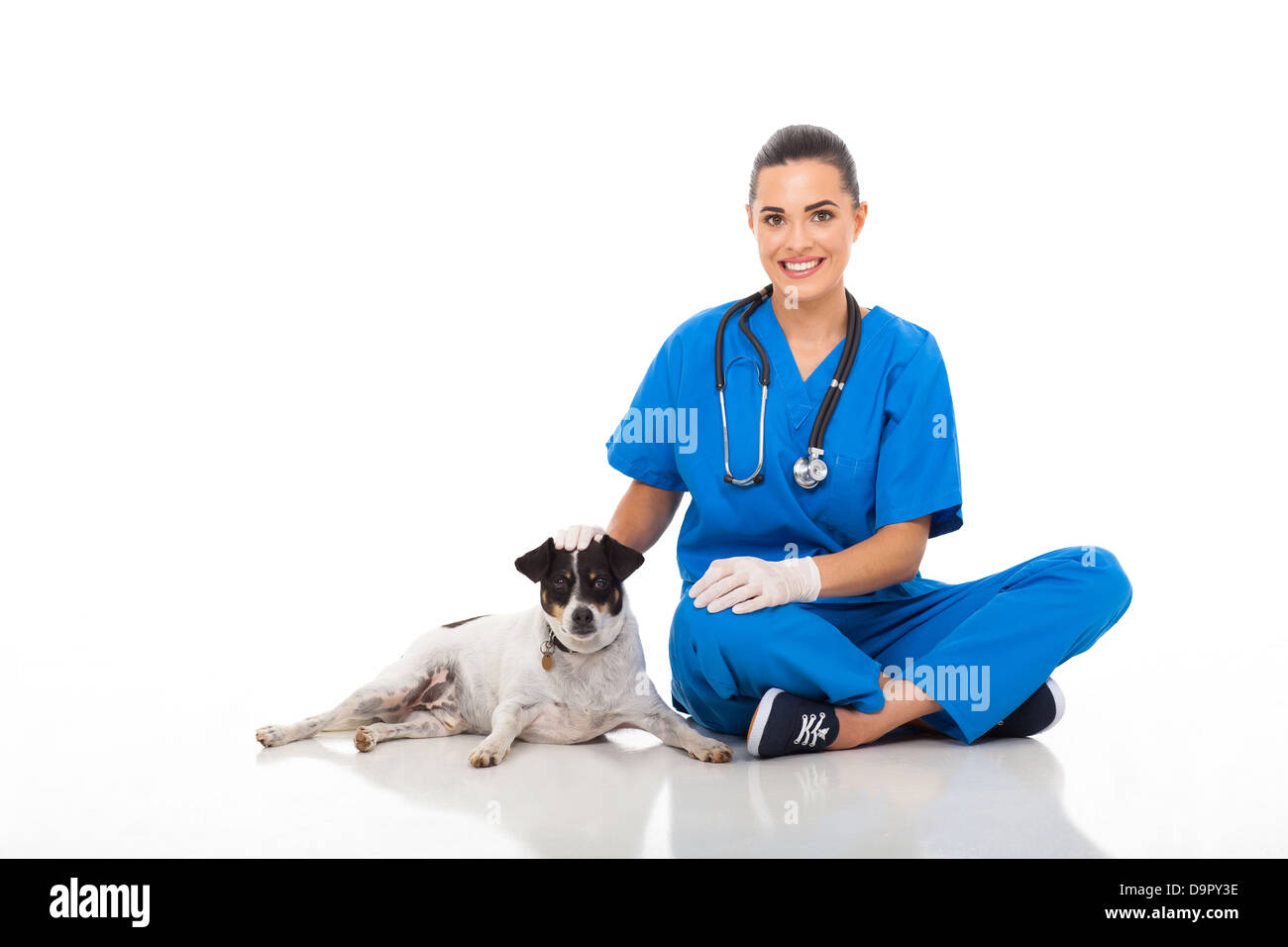 schöne weibliche Tierarzt Doktor sitzend mit Hund Pflege Stockfoto