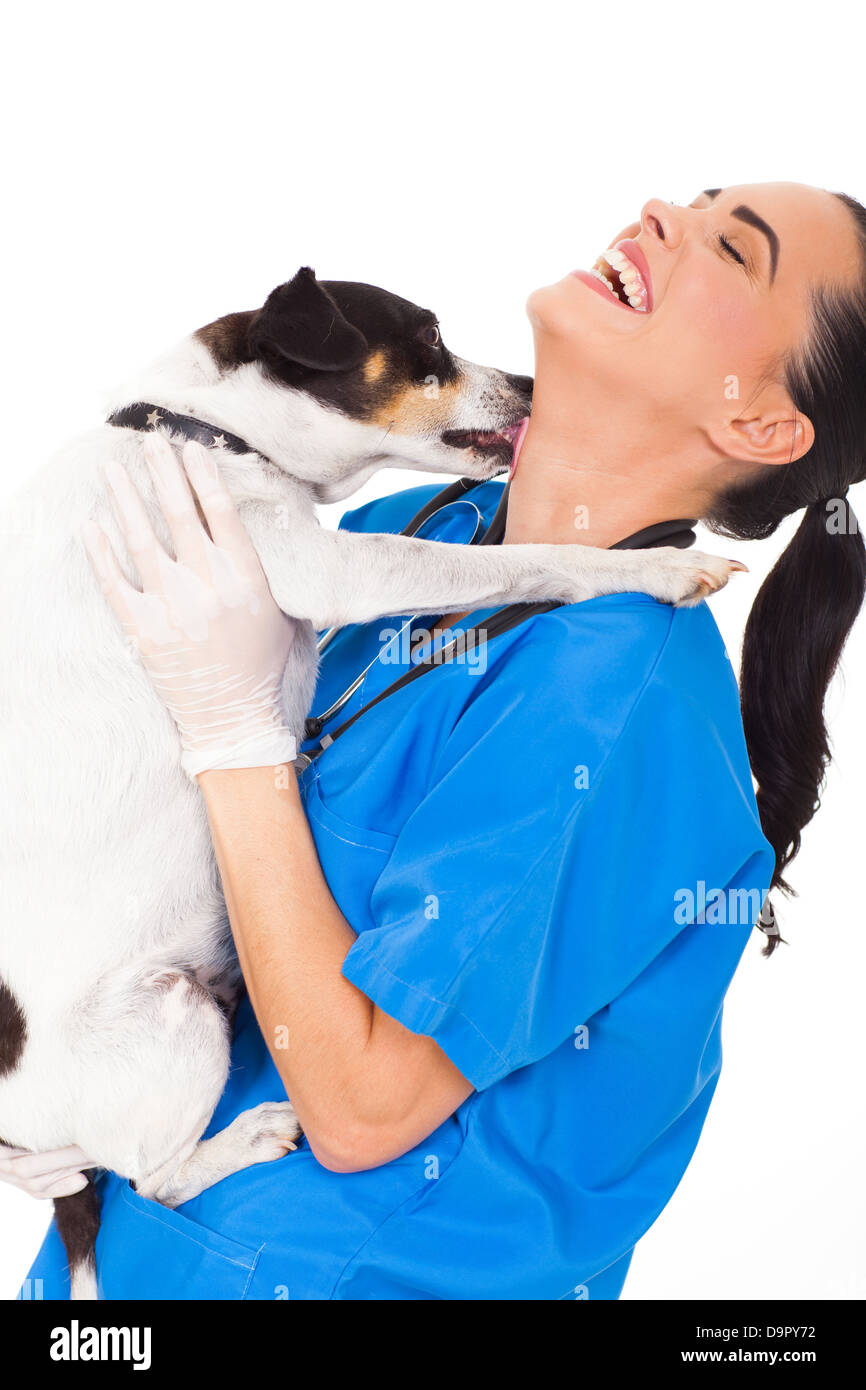 lustige Hund leckt Tierarzt Krankenschwester Hals auf weißem Hintergrund Stockfoto