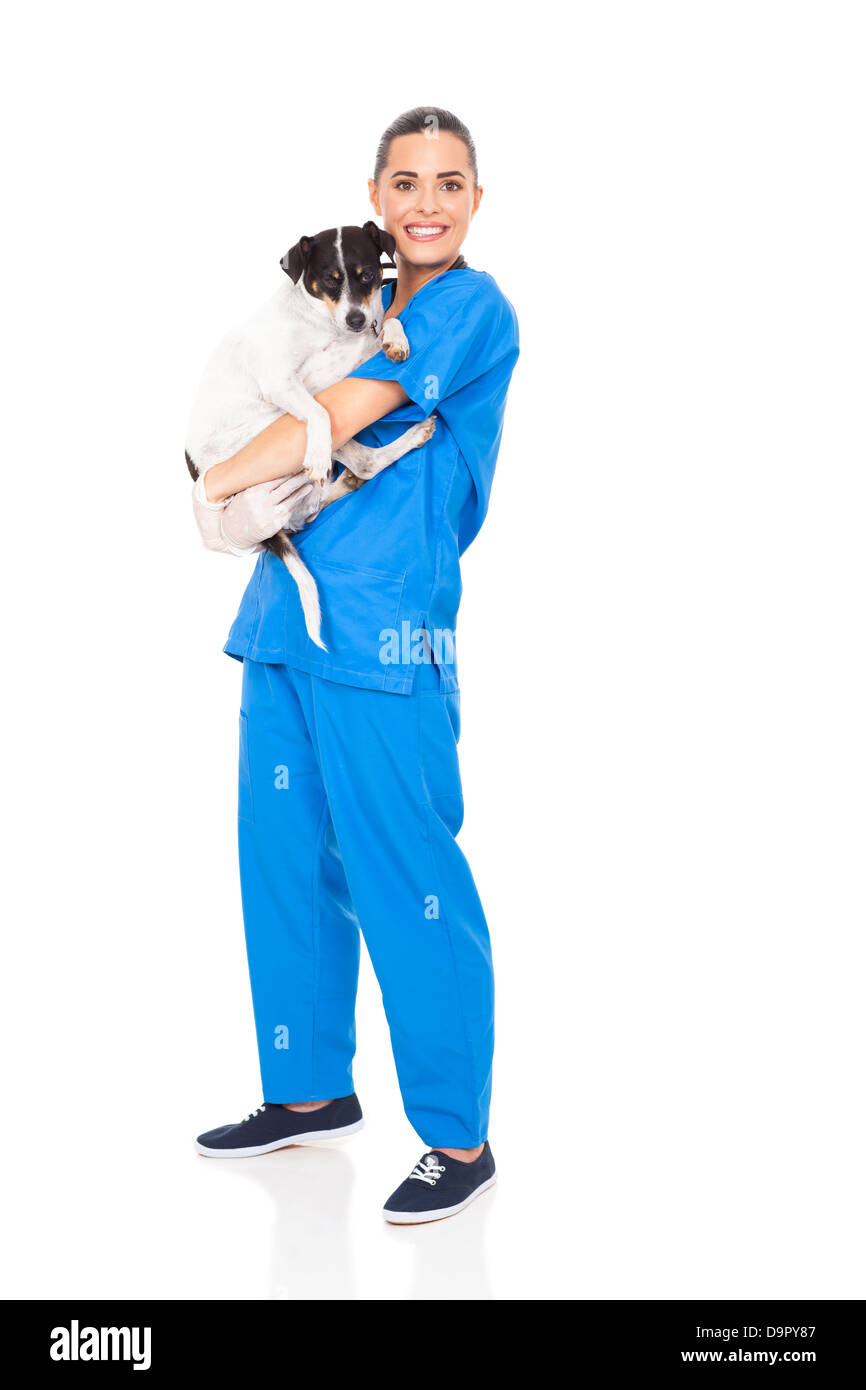 fürsorgliche Tierarzt hält einen Hund isoliert auf weißem Hintergrund Stockfoto