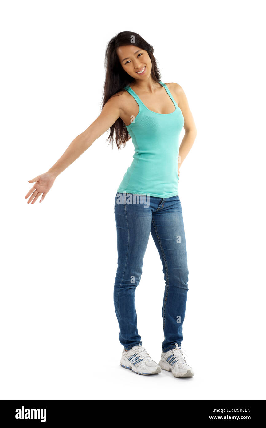 Asiatin mit einladenden Handbewegung Stockfoto
