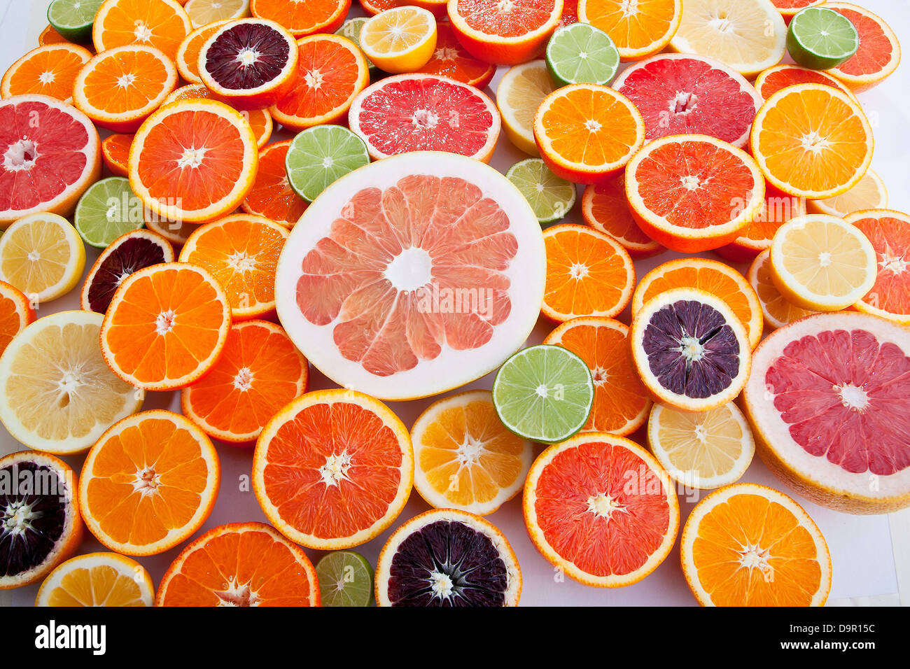 Vielzahl von geschnittenen Zitrusfrüchten Hälften Orangen Grapefruit Limetten Zitronen Stockfoto