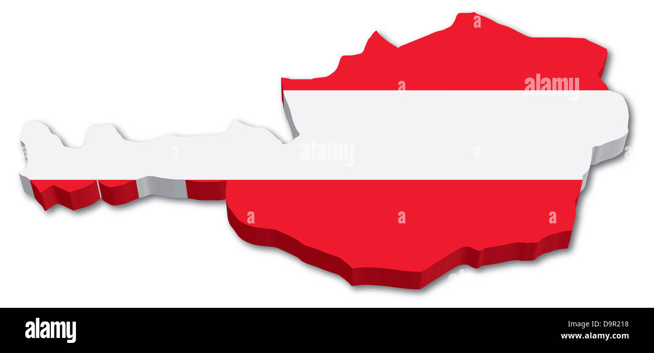 Österreich-3D-Karte mit Abbildung der Flagge auf weißem Hintergrund Stockfoto