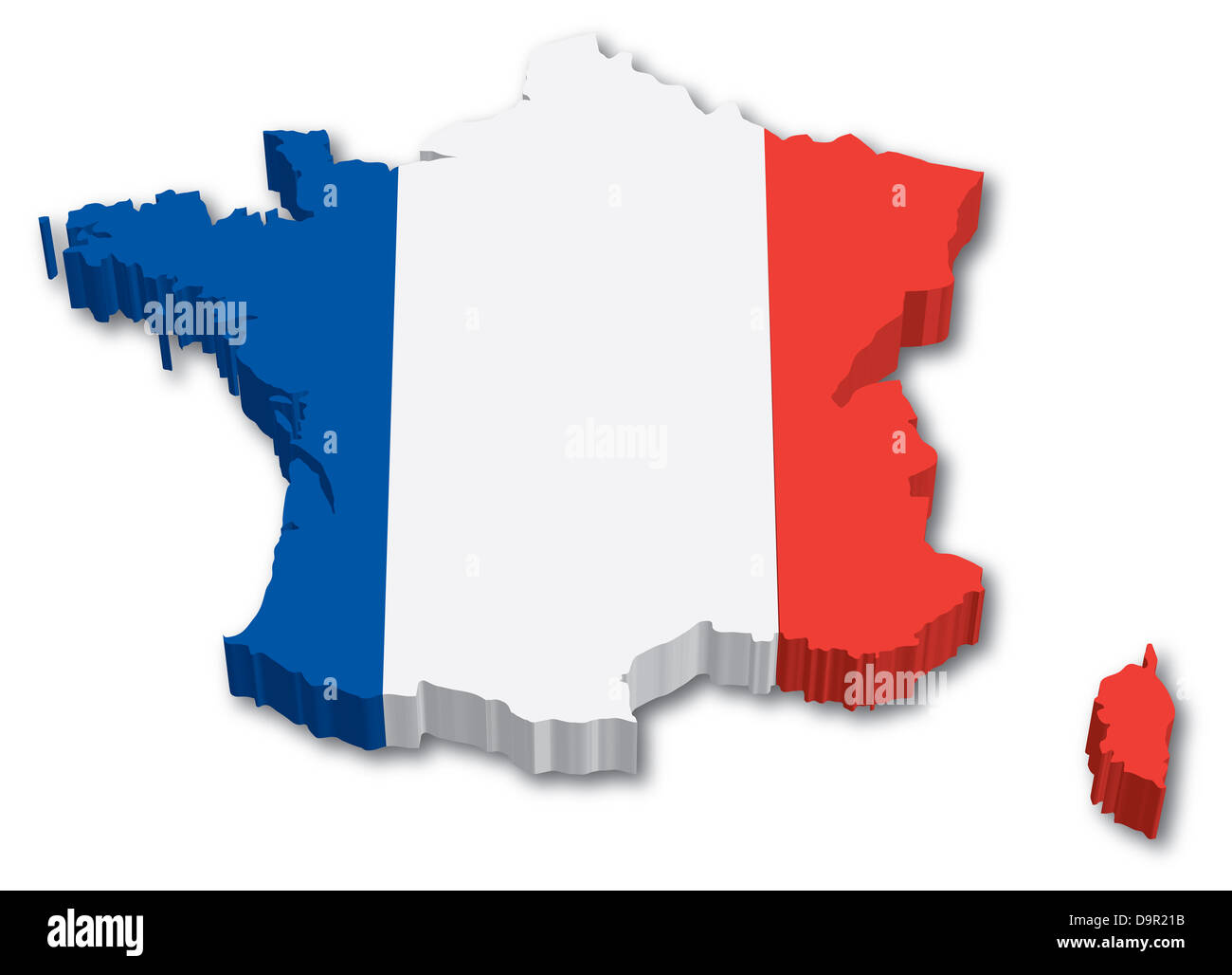 Frankreich-3D-Karte mit Abbildung der Flagge auf weißem Hintergrund Stockfoto